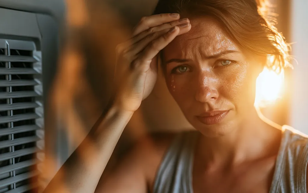An overheated homeowner sweating beside a struggling air conditioner