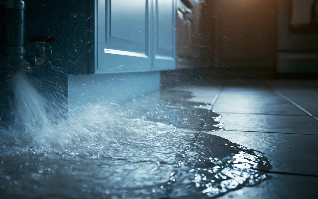 Water spraying from a burst pipe across a flooded kitchen floor